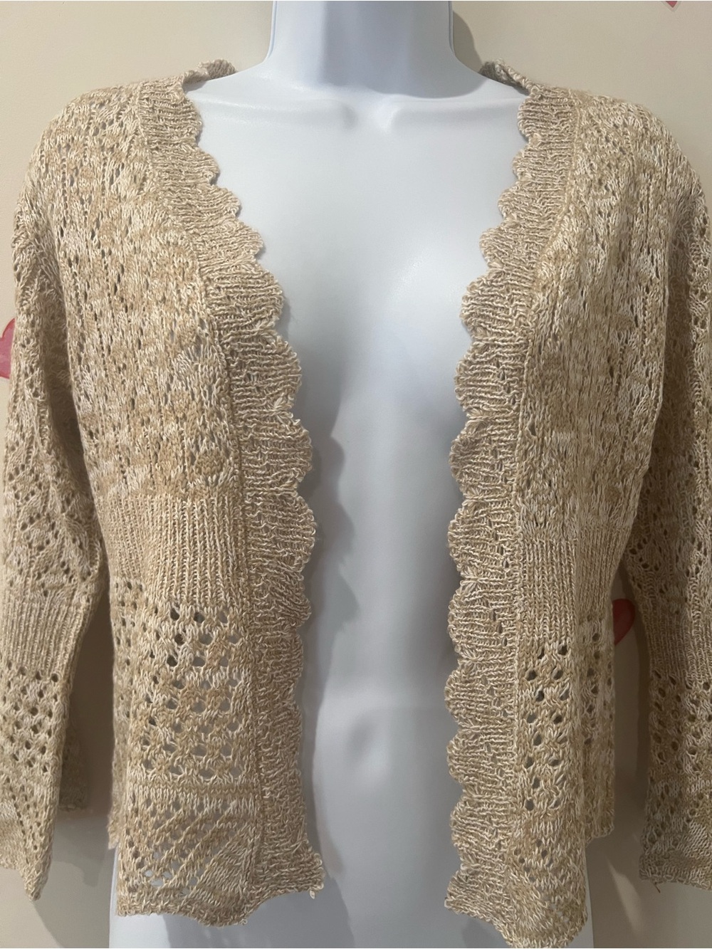 Beige Scalloped Knit Women's Cardigan Sweater